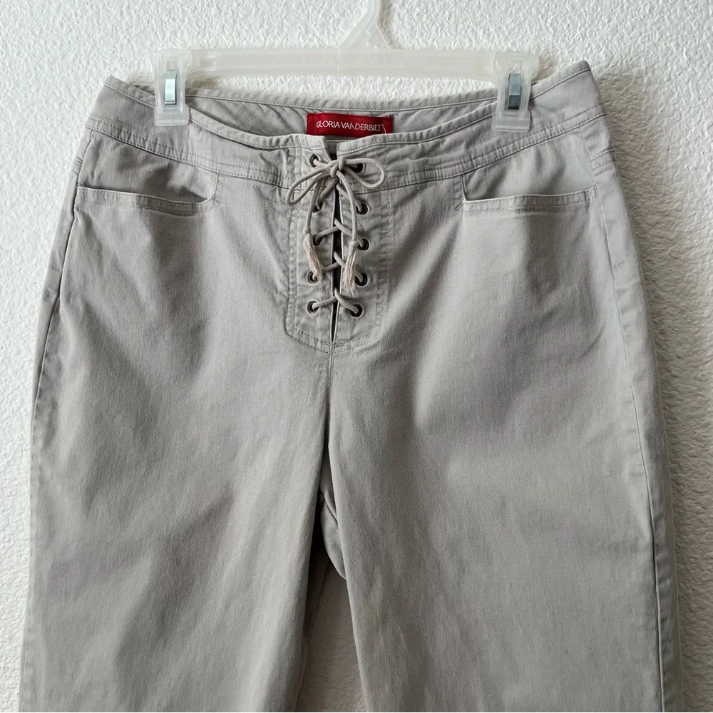 Vintage Gloria Vanderbilt Women Capri Cropped Pants Size 14P Beige Lace up Front